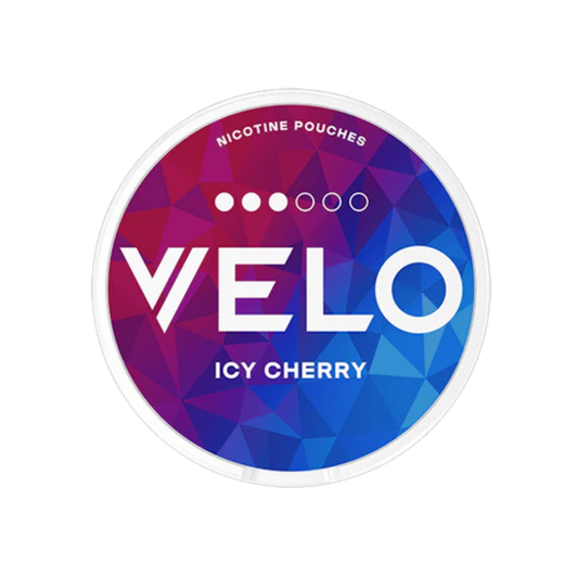 Front view of the Velo Icy Cherry snus can featuring a geometric design in blue, purple, and white.