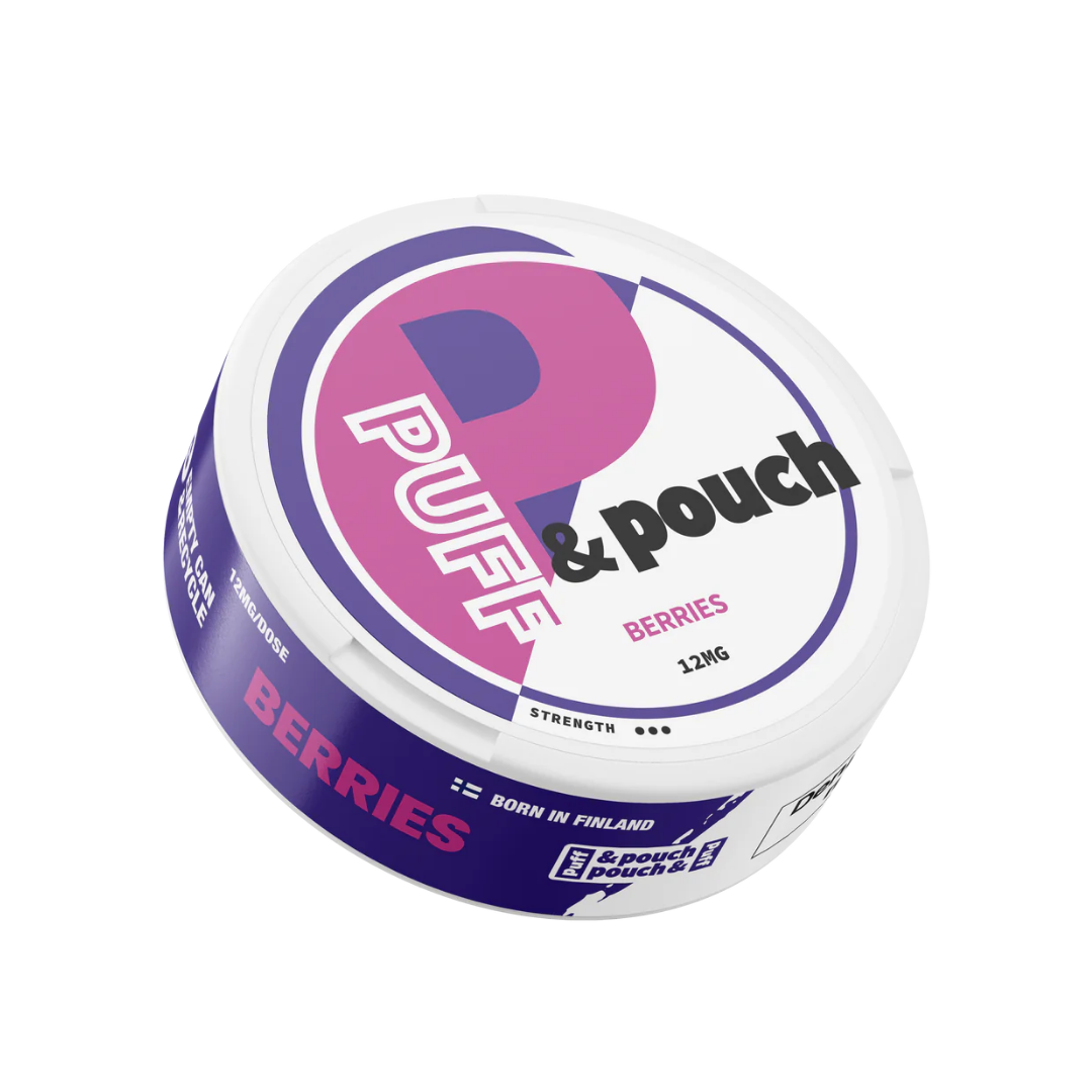 Detail close-up of the round snus can featuring Puff & Pouch Berries, showcasing purple, white, and pink colors.