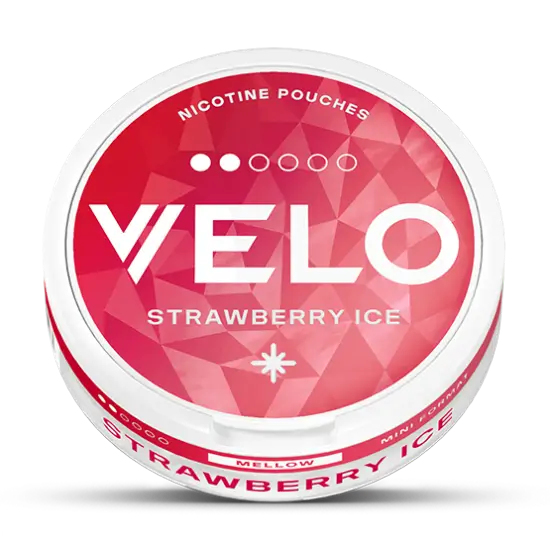 Front view of the Velo Strawberry Ice Mini can featuring a red and white geometric design with flavor indication.