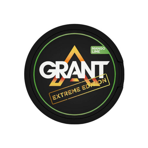 Front view of Grant Mango Lime Strong nicotine pouch can featuring a circular design with brand logo in black, green, and…