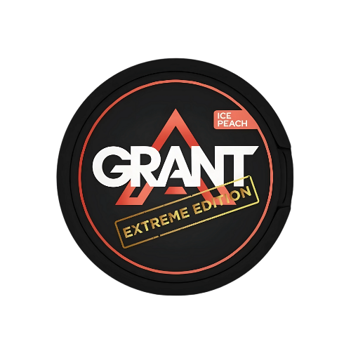 Front view of the round container for Grant Ice Peach Extreme, featuring a prominent logo and label.