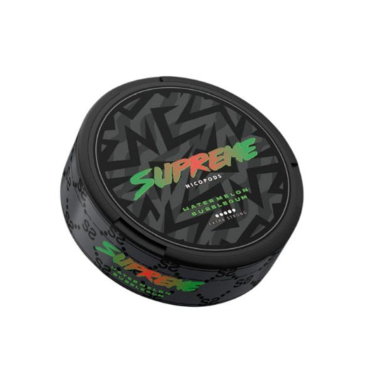 Detail close-up of a black circular container with a textured lid and colorful logo, featuring watermelon and bubblegum fl…