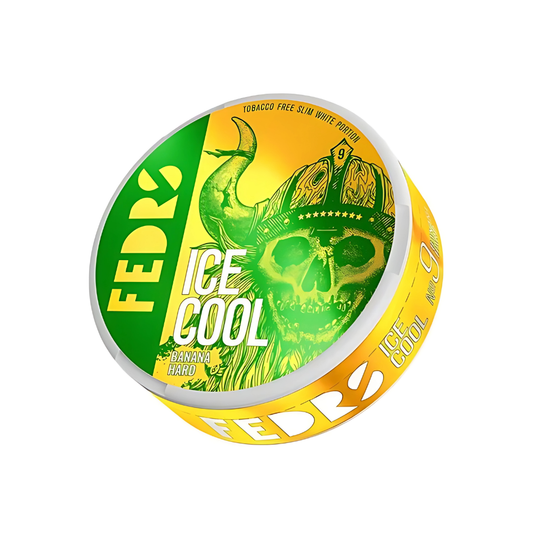 Front view of a circular tin container featuring a skull design in yellow and green colors.