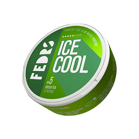 Front view of the green tea snus can featuring a round design and screw top, showcasing its label on a transparent backgro…