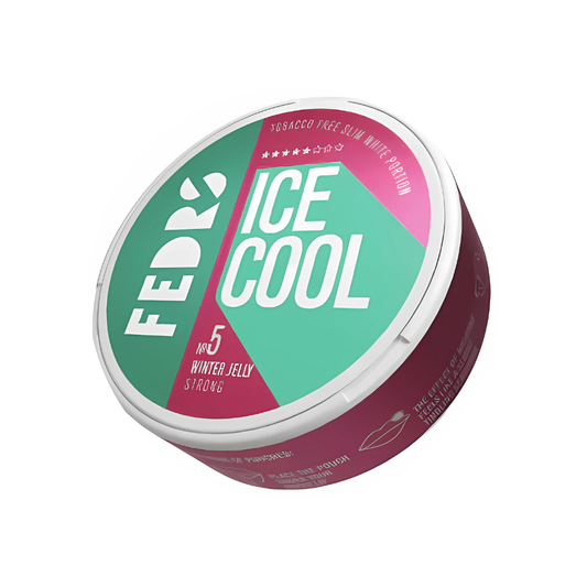 Detail close-up of the round container of Fedrs Ice Cool Winter Jelly No.5, showcasing a pink, teal, and white label design.