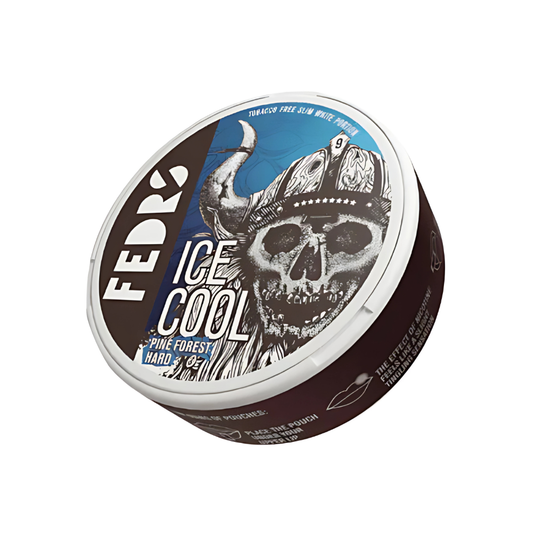 Detail close-up of the Fedrs Ice Cool Pine Forest snus can showcasing a blue, black, and white skull design.