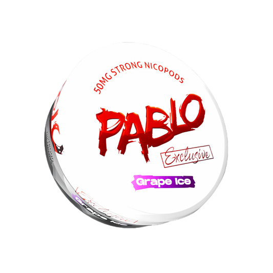 Close-up of the circular Pablo Exclusive Grape Ice snus can with branding on a transparent background.