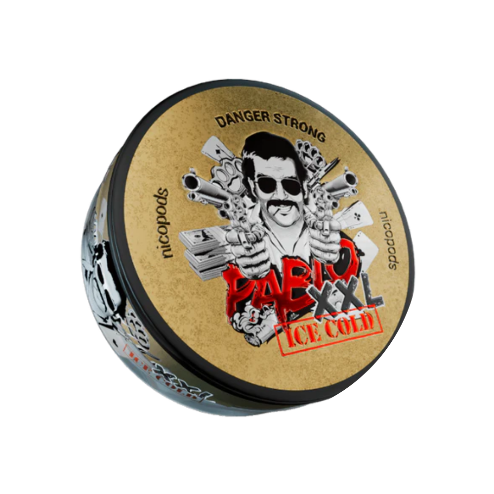 Front view of Pablo Ice Cold XXL pouch featuring black, gold, and red design with a skull graphic.