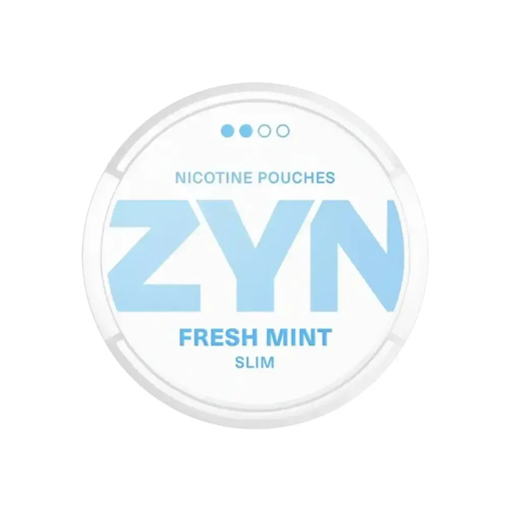 Detail close-up of ZYN Fresh Mint circular tin showcasing mint flavor and branding in white and blue.