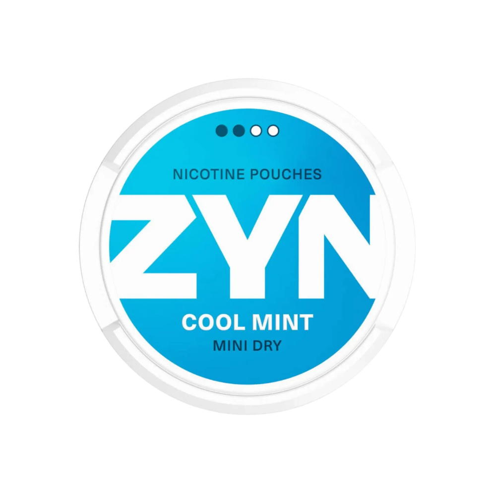 Front view of ZYN Cool Mint in a round container featuring large text on a white background