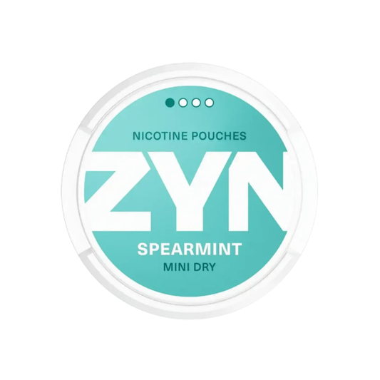 Detail close-up of ZYN spearmint pouch in a round teal and white container.
