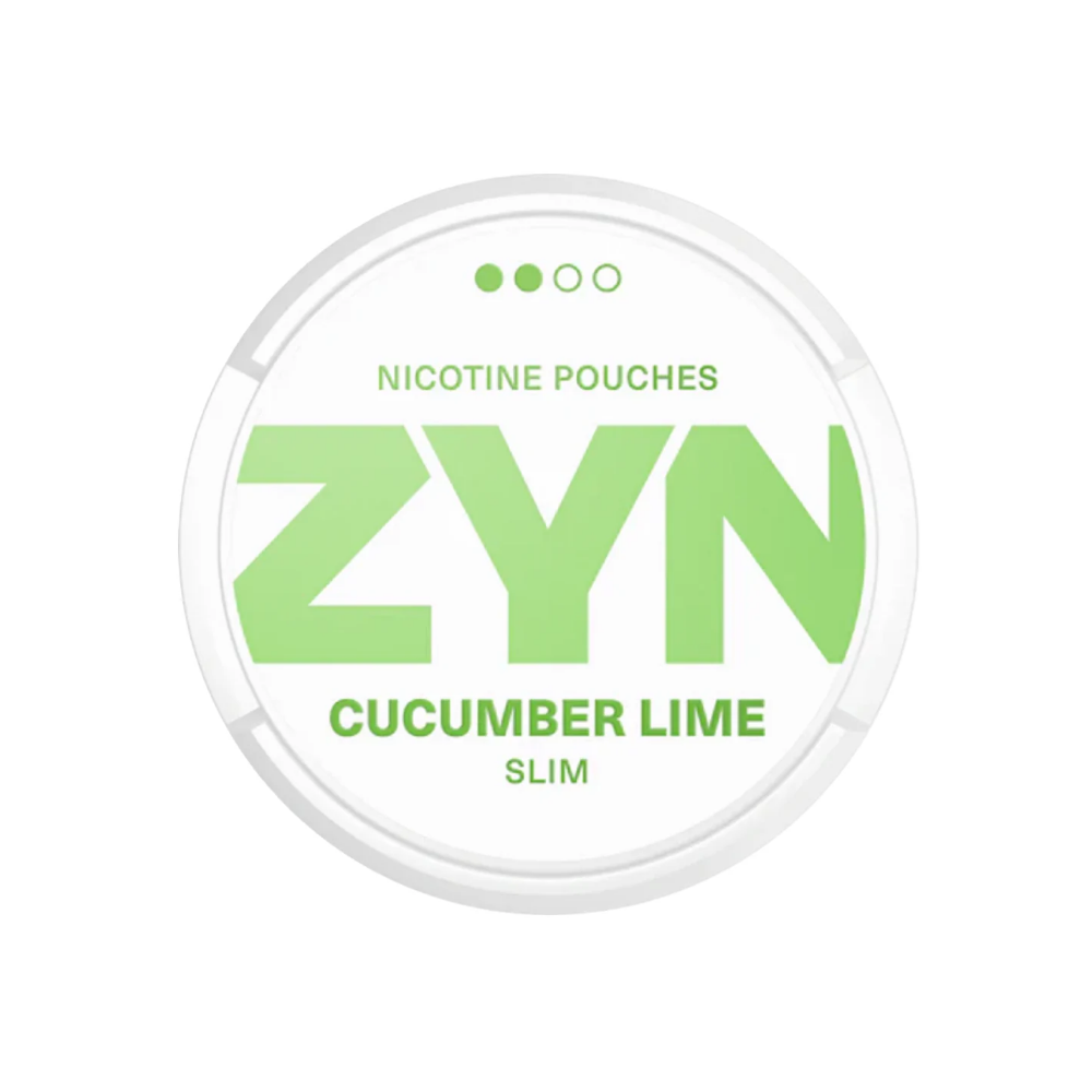 Detail close-up of ZYN Cucumber Lime packaging featuring bold text and flavor label on a transparent background