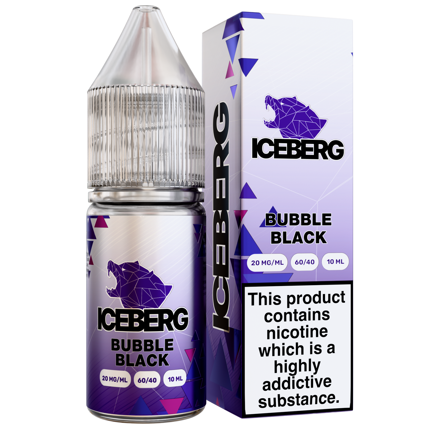 Packaging shot of the Iceberg Bubble Black Liquid in a transparent bottle with a black and purple label.