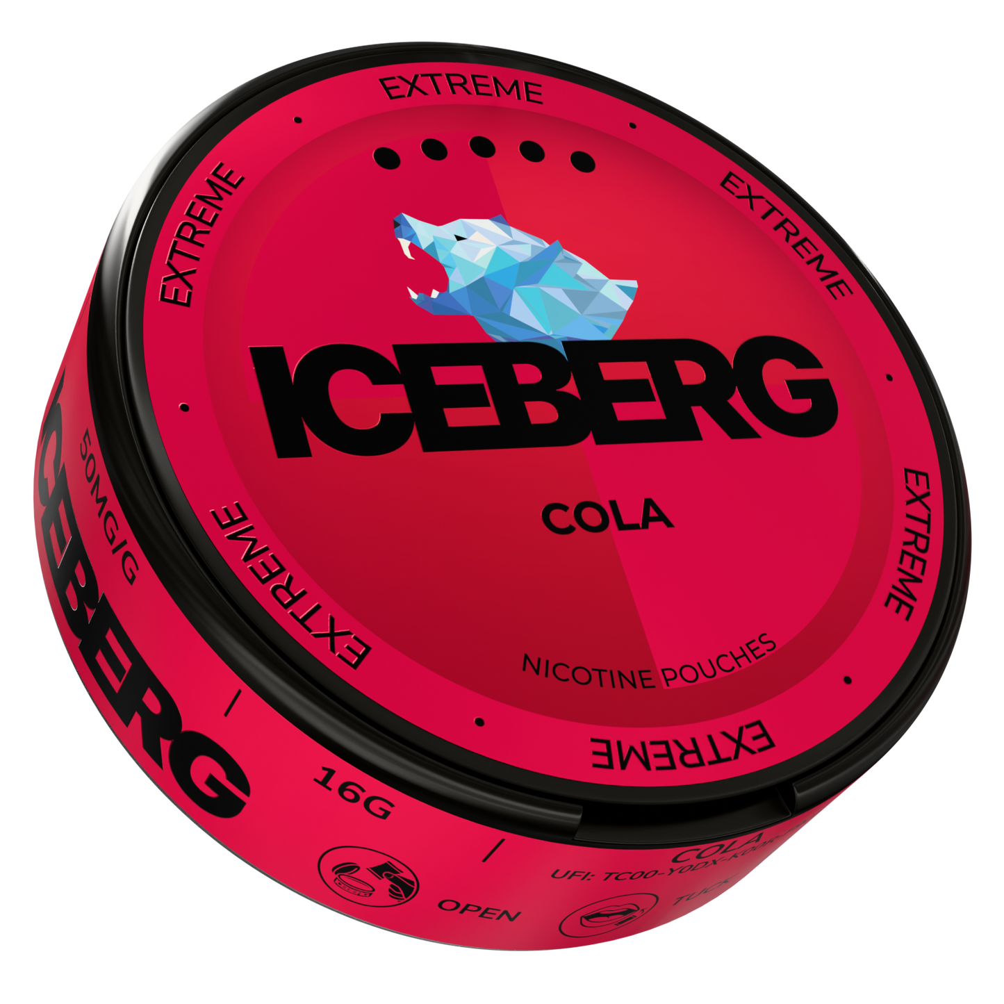 Side view of Iceberg Cola featuring bold text on a pink and black background.