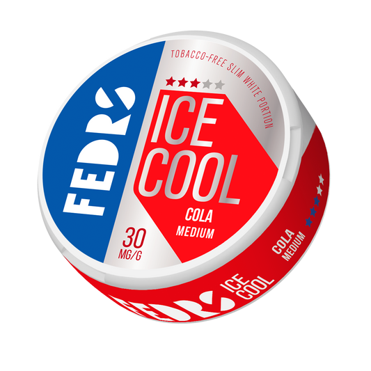 Front view of a red and blue soda can featuring an ice cool label and circular design.