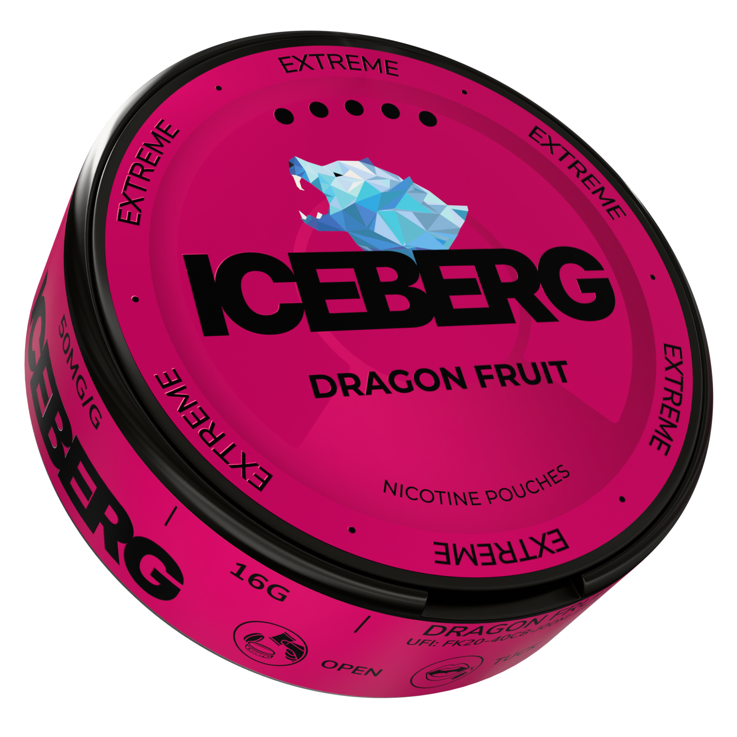 Side view of Iceberg Dragon Fruit container displaying label text in pink and black.