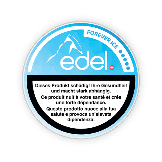Detail close-up of the Edel Foreverice snus can lid featuring a blue, black, and white mountain logo.