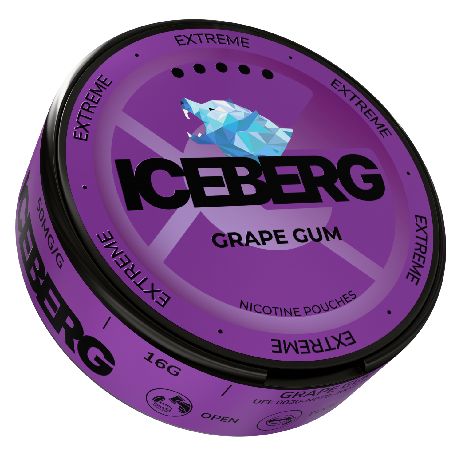 Side view of the Iceberg Grape Gum container highlighting the brand name and flavor label.