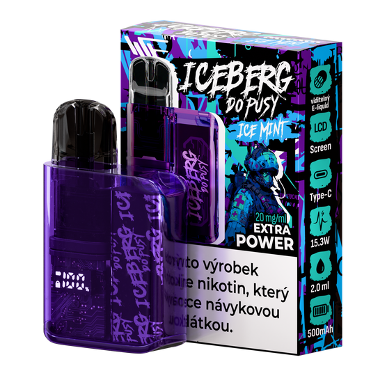 Packaging shot of a compact purple vape device with graphic design and clear tank.