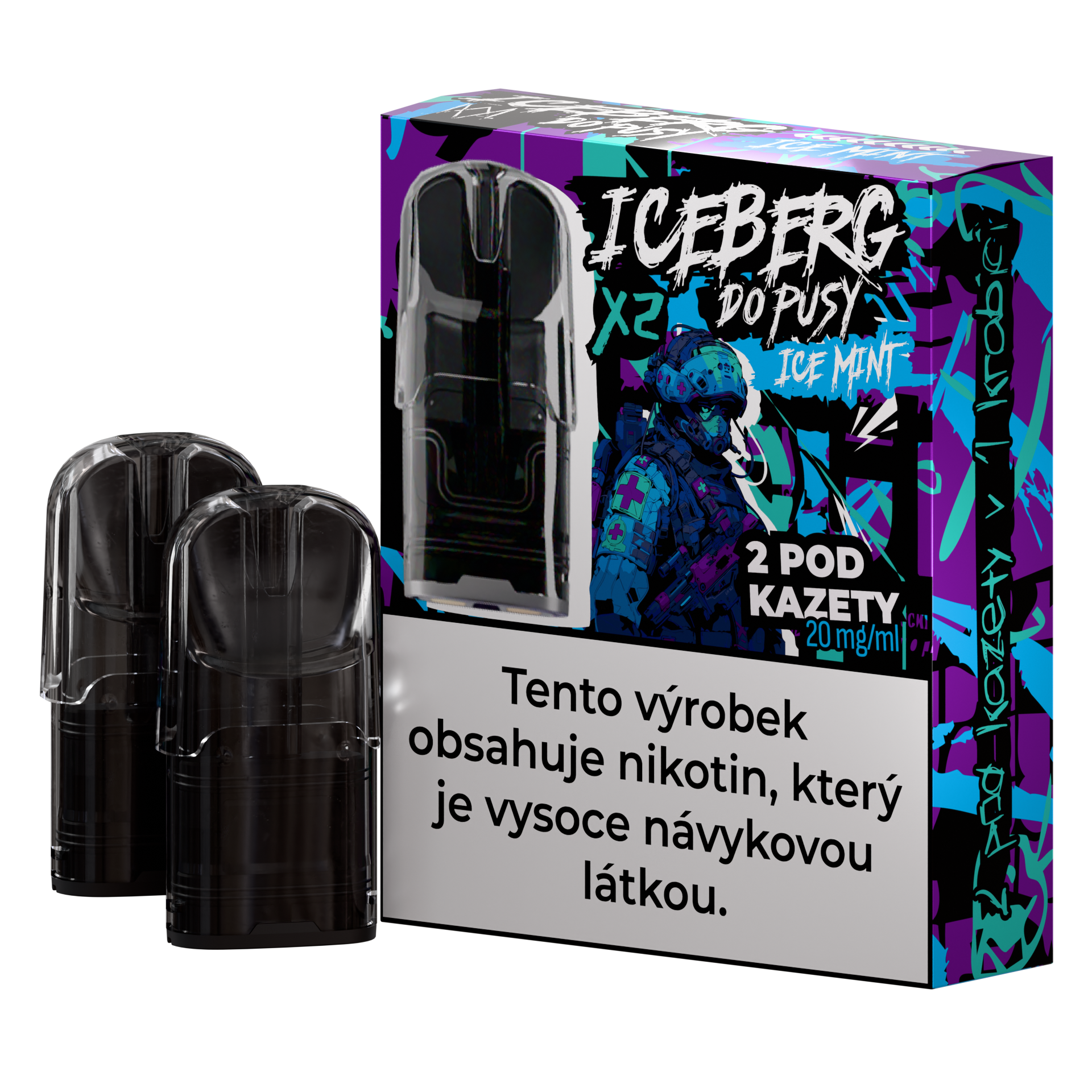 Packaging of Iceberg Do Pusy Pod featuring two cartridges in black, purple, and blue colors.