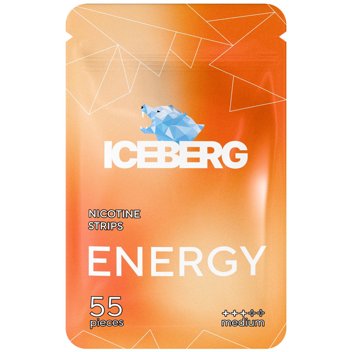Packaging of Iceberg Energy Nicotine Strips in orange and white, featuring bold text and graphic design.
