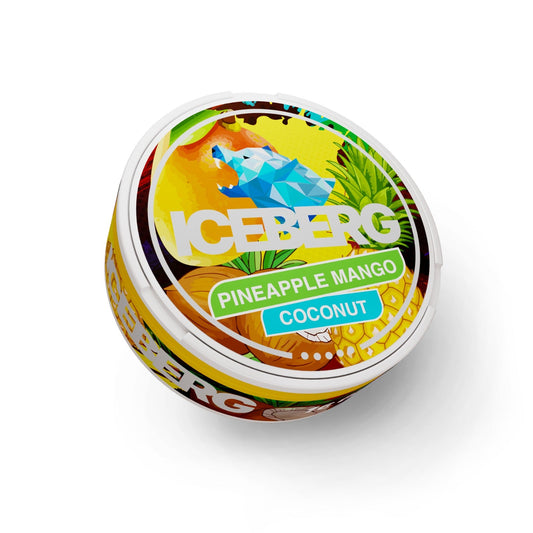 Detail close-up of the colorful Iceberg Pineapple Coconut container featuring tropical design with yellow, green, and blue…