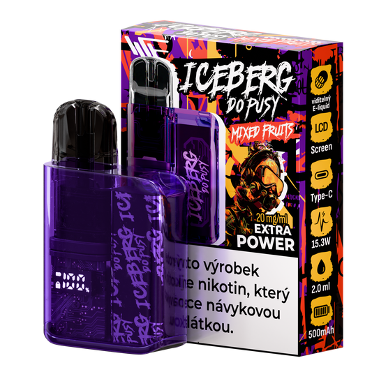 Packaging shot of a purple vape kit featuring a compact design and vibrant flavor descriptions.