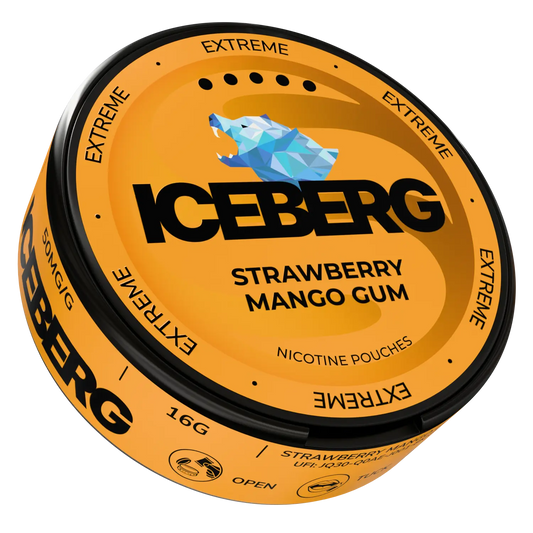 Side view of Iceberg Strawberry Mango Gum in a circular tin showcasing the brand logo against a transparent background.