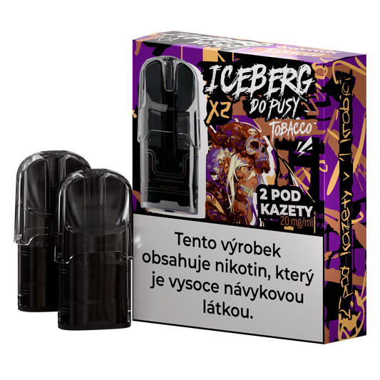 Packaging of Iceberg Do Pusy Pod – Tobacco in purple, black, and orange colors with graphic design.