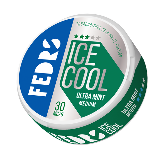 Detail close-up of the round tin packaging for Fedrs Ultra Mint Medium, showcasing blue and green colors.